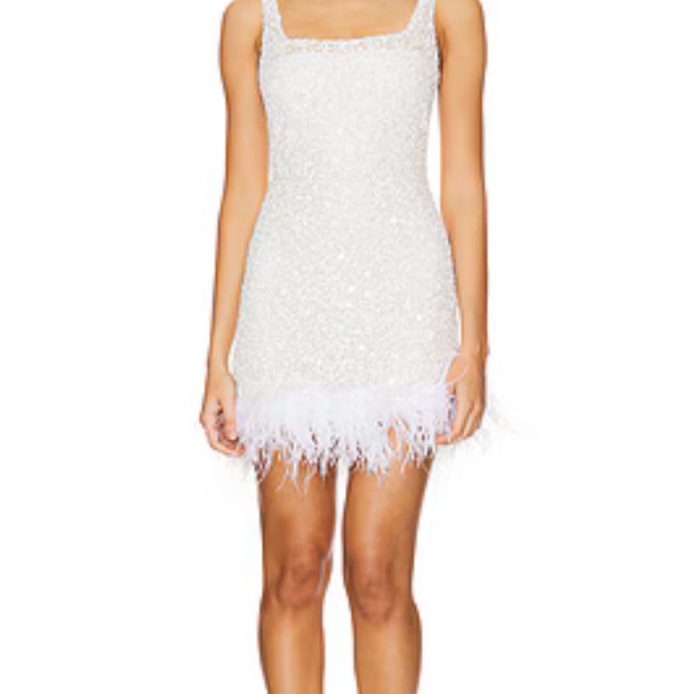 Miscreants Capri Dress in White - Chic Feather Hem Mini Dress